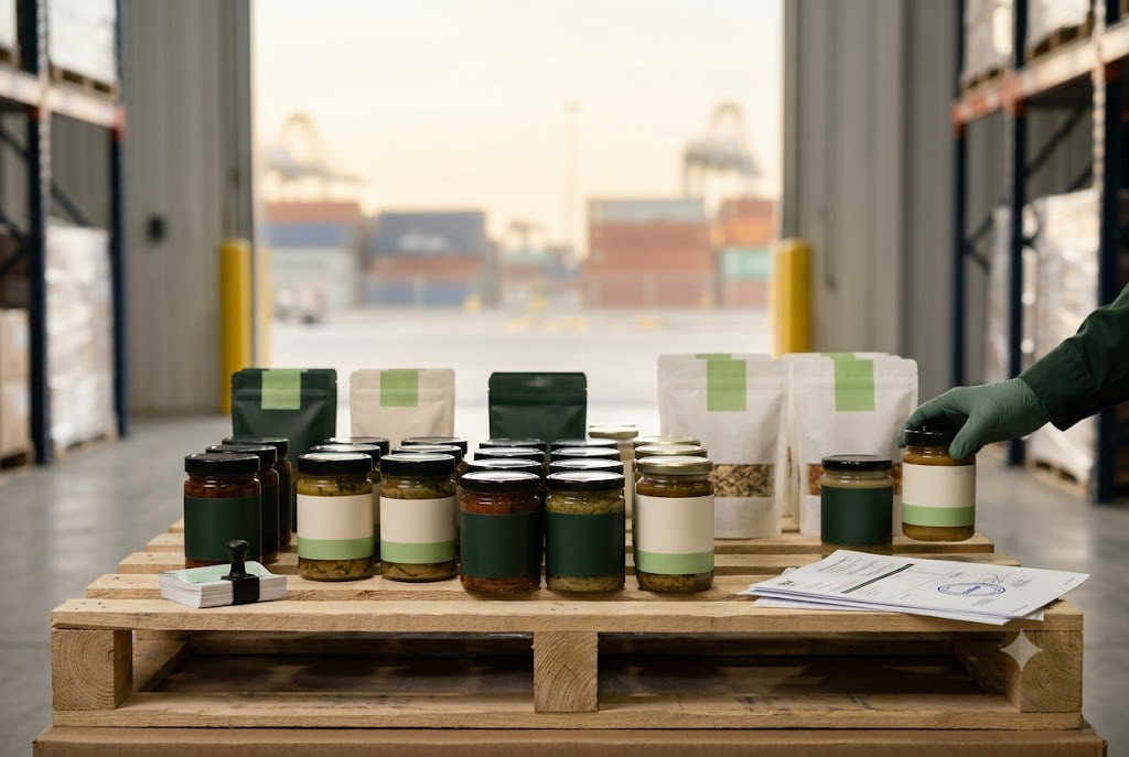 Alberta food products staged for export beside shipping documents