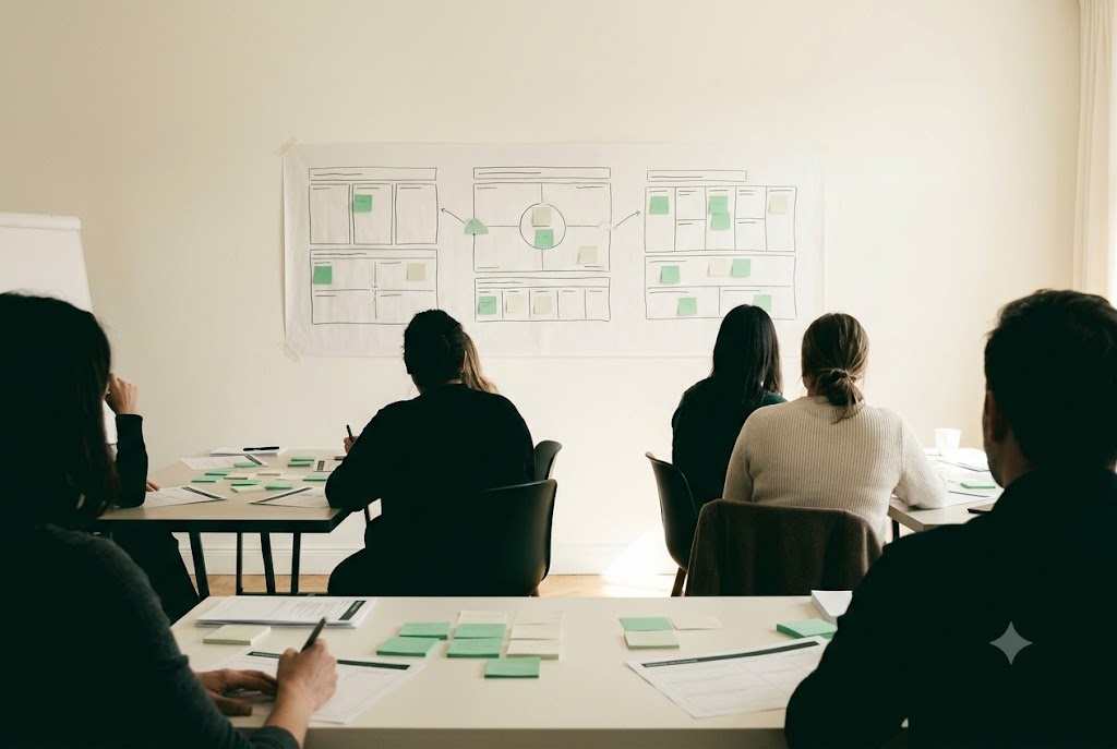 Facilitated workshop with participants working through frameworks